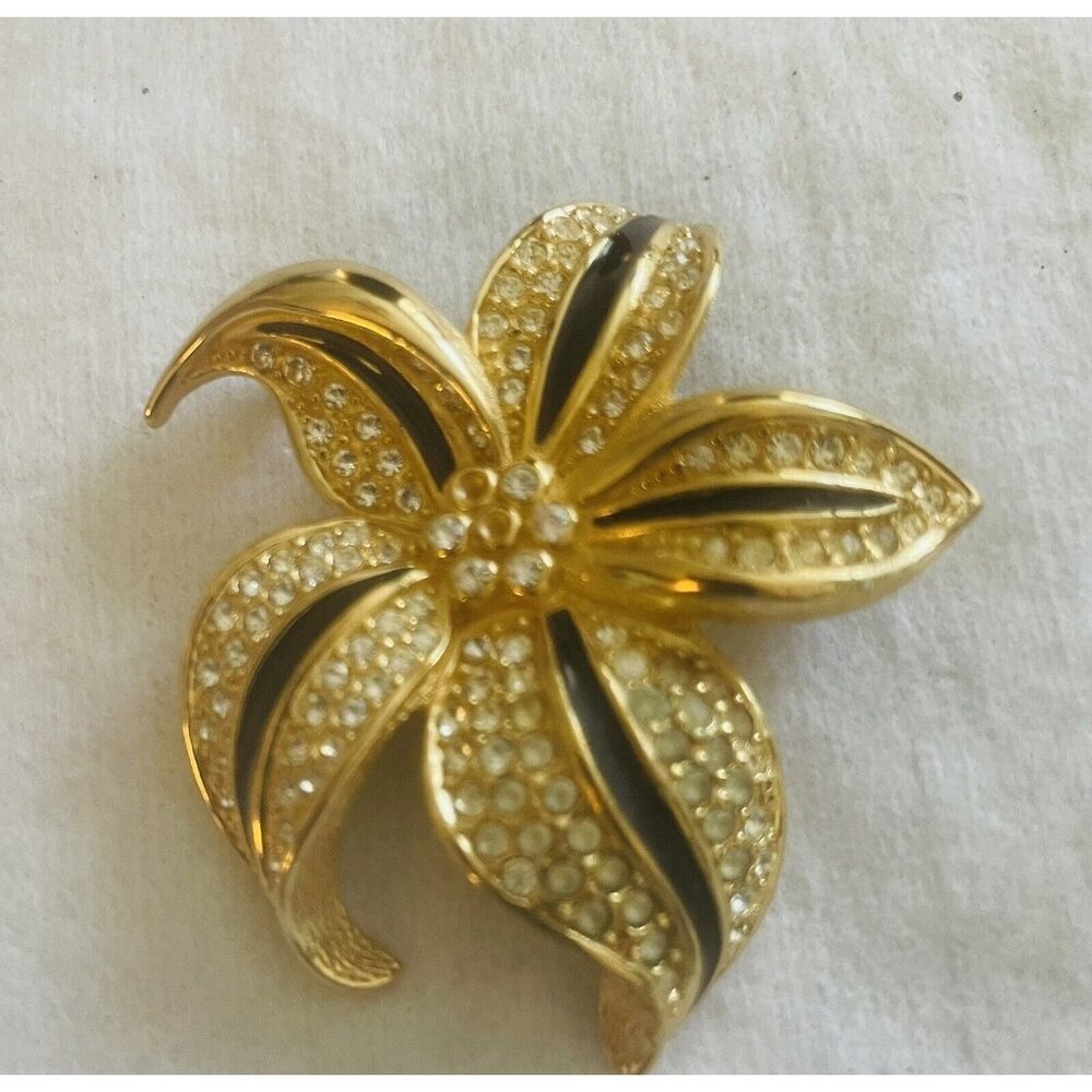 Vintage Christian Dior Rhinestone Flower Leaf Brooch Estate Jewelry